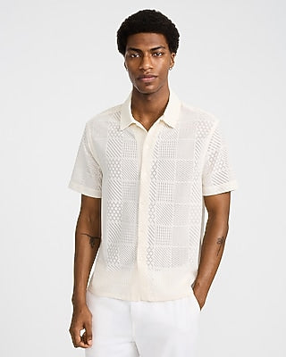 Express Men's Textured Tile Lace Short Sleeve Shirt in White Small