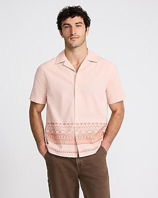 Express Men's Embroidered Geo Border Short Sleeve Shirt in Pink Small
