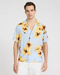 Express Men's Large Floral Camp Collar Rayon Short Sleeve Shirt in Skylight Blue