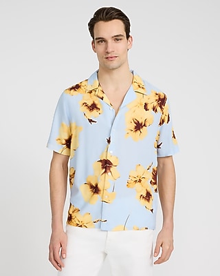 Express Men's Large Floral Camp Collar Rayon Short Sleeve Shirt in Skylight Blue