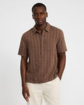 Express Men's Textured Striped Heather Short Sleeve Popover Shirt in Brown Small