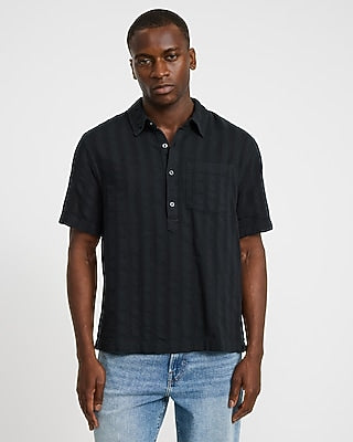 Express Men's Textured Striped Heather Short Sleeve Popover Shirt in Jet Black