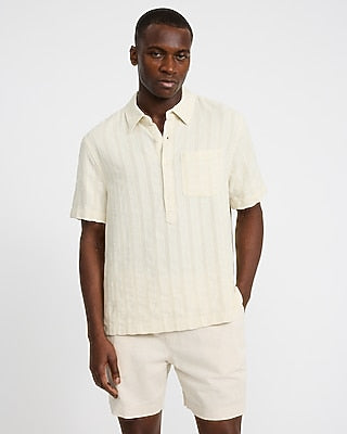 Express Men's Textured Striped Heather Short Sleeve Popover Shirt in Neutral Small