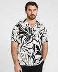 Express Men's Floral Leaf Camp Collar Short Sleeve Shirt in Ivory