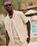 Express Men's Textured Ticking Striped Cotton-Blend Short Sleeve Shirt in White Small