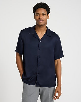 Express Men's Solid Short Sleeve Resort Shirt in Blue Small