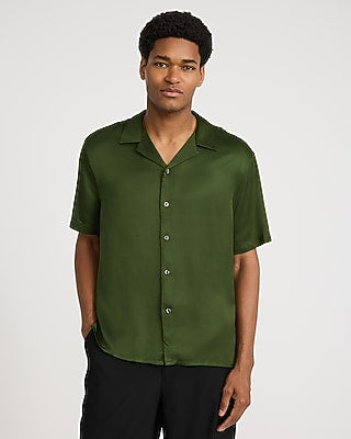 Express Men's Solid Short Sleeve Resort Shirt in Green Small