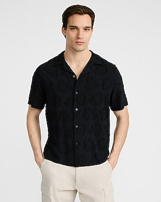 Express Men's Raised Paisley Jacquard Short Sleeve Shirt in Jet Black