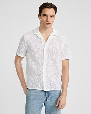 Express Men's Textured Floral Jacquard Short Sleeve Shirt in White