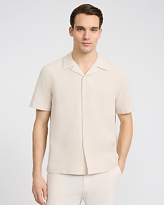 Express Men's Textured Waffle Jacquard Cotton Short Sleeve Shirt in Warm Ivory