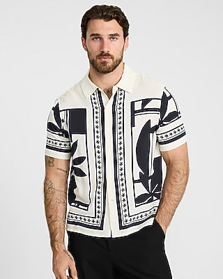 Express Men's Abstract Border Rayon Short Sleeve Shirt in White Small