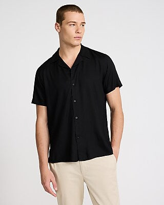 Express Men's Solid Rayon Short Sleeve Shirt in Jet Black