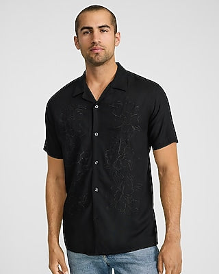Express Men's Embroidered Floral Black Short Sleeve Shirt in Jet Black