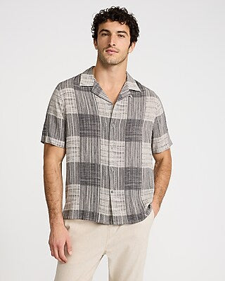 Express Men's Checkered Rayon Short Sleeve Shirt in Warm Ivory