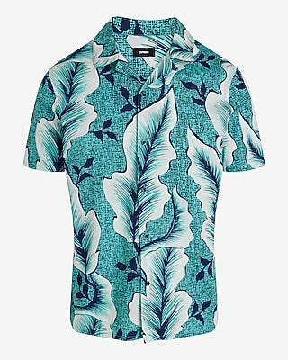 Express Men's Textured Leaf Cotton Stretch Short Sleeve Shirt in Aqua Haze