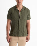 Express Men's Textured Stripe Cotton Short Sleeve Shirt in Olive Green