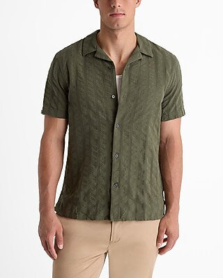 Express Men's Textured Stripe Cotton Short Sleeve Shirt in Olive Green