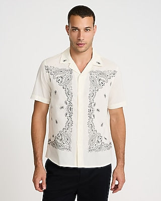 Express Men's Embroidered Bandana Print Cotton Short Sleeve Shirt in Swan