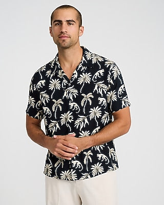Express Men's Palm Tree Camp Collar Rayon Short Sleeve Shirt in Pitch Black