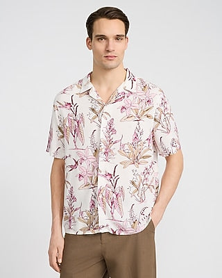 Express Men's Floral Bird Camp Collar Rayon Short Sleeve Shirt in Ivory