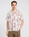 Express Men's Floral Bird Camp Collar Rayon Short Sleeve Shirt in White Small
