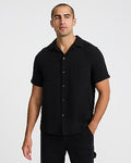 Express Men's Textured Crinkle Cotton Relaxed Short Sleeve Shirt in Jet Black