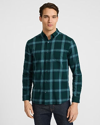 Express Men's Plaid Patch Pocket Stretch Flannel Shirt in Green Small