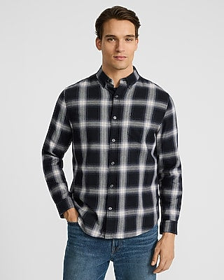 Express Men's Plaid Patch Pocket Stretch Flannel Shirt in Black Small