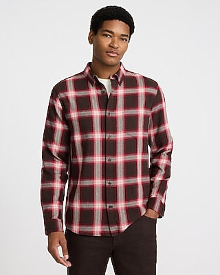 Express Men's Plaid Patch Pocket Stretch Flannel Shirt in Red Small