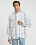 Express Men's Regular Gradient Plaid Cotton-Blend Long Sleeve Shirt in Sagebrush