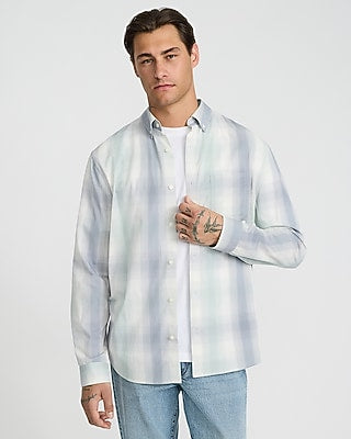 Express Men's Regular Gradient Plaid Cotton-Blend Long Sleeve Shirt in Sagebrush