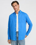 Express Men's Regular Solid Cotton Long Sleeve Poplin Shirt in Blue