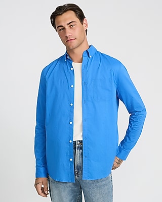 Express Men's Regular Solid Cotton Long Sleeve Poplin Shirt in Blue