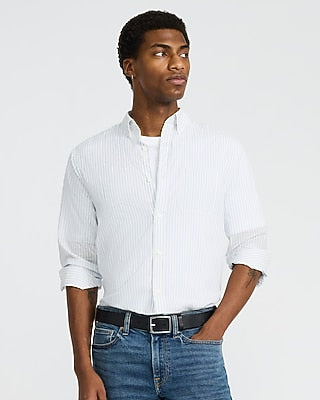 Express Men's Regular Striped Cotton Long Sleeve Poplin Shirt in Ivory