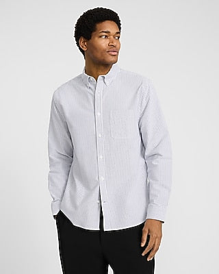 Express Men's Regular Striped Cotton Long Sleeve Oxford Shirt in Navy