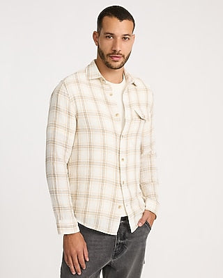 Express Men's Plaid Double Weave Shirt in Ivory