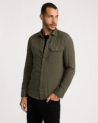 Express Men's Grid Plaid Double Weave Shirt in Dark Green