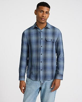Express Men's Plaid Double Weave Shirt in Sea Blue