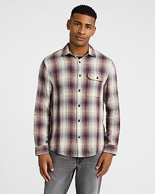 Express Men's Plaid Double Weave Shirt in Brown Small