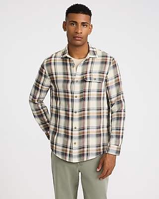 Express Men's Plaid Double Weave Shirt in Neutral Small