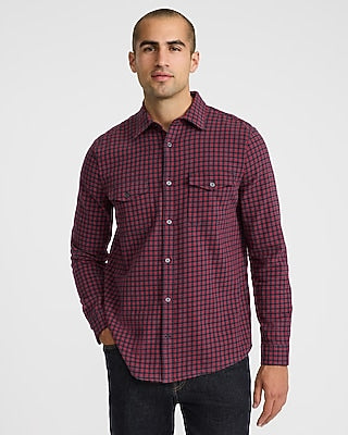 Express Men's Plaid Double Button Pocket Stretch Flannel Shirt in Red Small