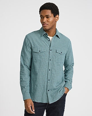 Express Men's Plaid Double Button Pocket Stretch Flannel Shirt in Sage Mist