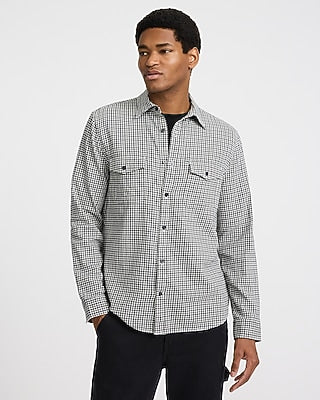 Express Men's Plaid Double Button Pocket Stretch Flannel Shirt in Gray Small