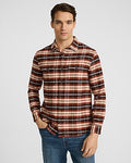 Express Men's Plaid Brushed Cotton Double Pocket Shirt in Brown Small