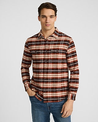 Express Men's Plaid Brushed Cotton Double Pocket Shirt in Brown Small