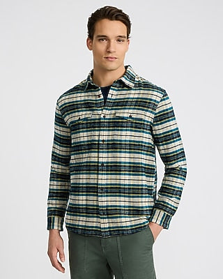 Express Men's Plaid Brushed Cotton Double Pocket Shirt in Blue Small
