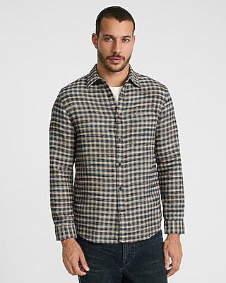 Express Men's Grid Plaid Cotton Patch Pocket Flannel Shirt in Brown Small