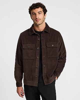 Express Men's Corduroy Double Button Pocket Shirt Jacket in Brown Small