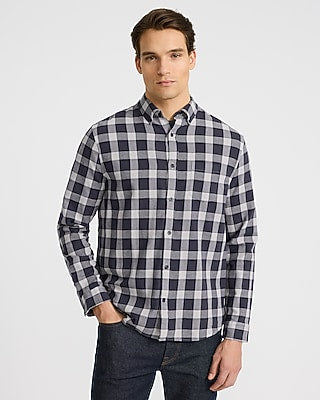 Express Men's Grid Plaid Patch Pocket Stretch Flannel Shirt in Gray Small