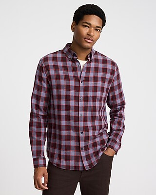 Express Men's Grid Plaid Patch Pocket Stretch Flannel Shirt in Merlot